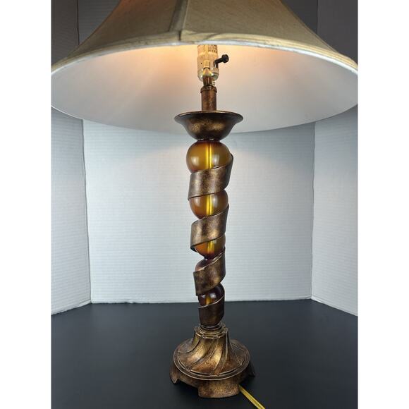 Amber Lucite & Brass Table Lamp Orange Swirl Test Works 30” - Picture 3 of 6